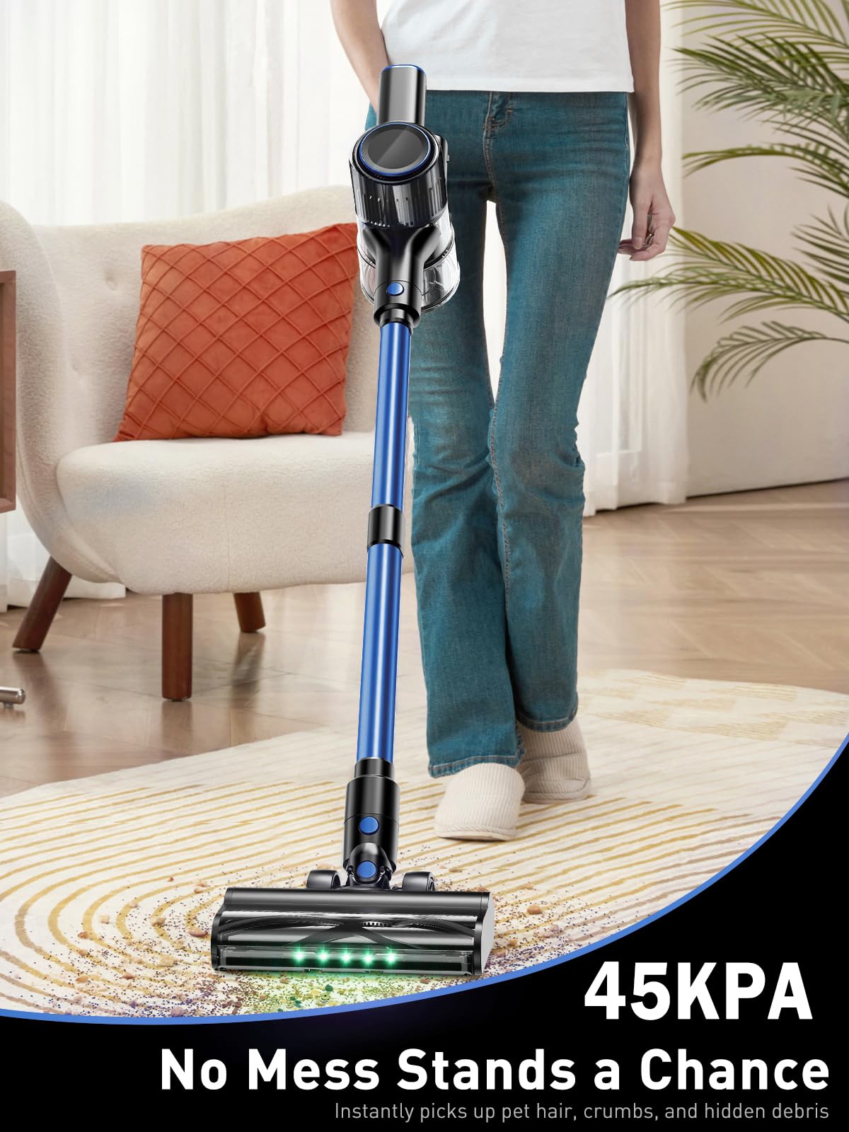 OUYFHK Cordless Vacuum Cleaner, 45000Pa/450W/50Mins Vacuum Cleaners for Home, 8-in-1 Stick Vacuum with LED Screen, Anti-Tangle, Lightweight Rechargeable Vacuum for Carpet Pet Hair Hardwood Floor Blue