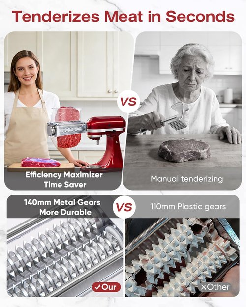Adjustable Meat Tenderizer Attachment for KitchenAid Stand Mixers 3 Thickness Settings with Wide Metal Wheel & Tall Chute Meat Tenderizer Tool (meat tenderizer)