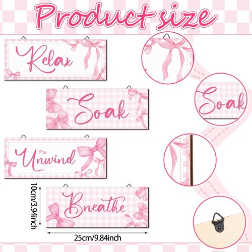 Yousoontic 4Pcs Coquette Pink Bow Wall Decor Aesthetic Pink Bow Bathroom Bedroom Wall Art Relax Soak Unwind Breathe Party Wood Hanging Sign Set for Home Laundry Spa Room