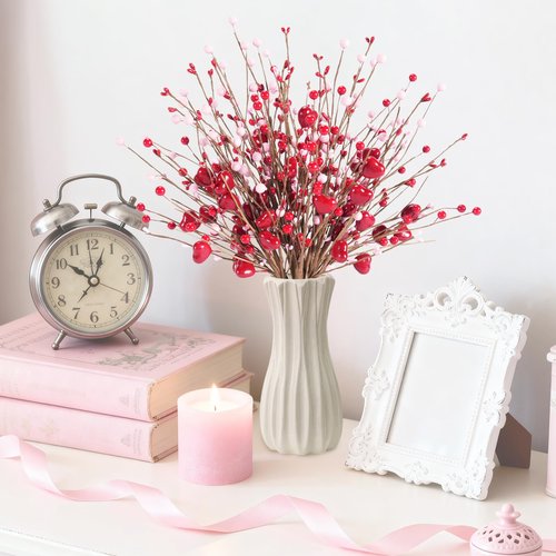 Kanxinr Valentines Day Decorations Valentine's Day Gifts 24 Pack Red Heart Shaped Berry Picks with Pink Berries for Valentine Wedding Candlelight Dinner Anniversary Decorations (Red)