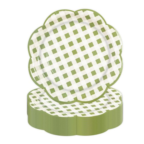 50Pcs Sage Green Gingham Paper Plates 7Inch, Green and White Scalloped Plates Disposable Cake Dessert Dinner Plate for Baby Shower Wedding Birthday Party Decorative Supplies (7 Inch)