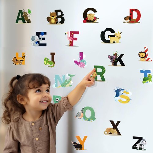 Animal Alphabet Decals ABC Wall Decals Stickers Peel and Stick Vinyl A-Z Alphabet Wall Decor for Kids Nursery Baby Room (Style 1)