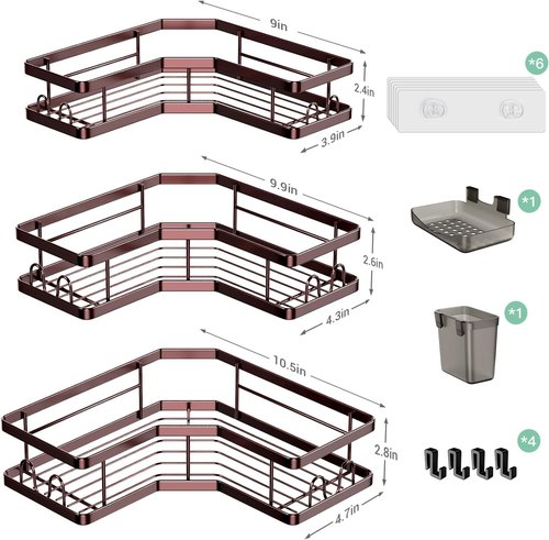 **AKTECKE Corner Shower Caddy Organizer - Adhesive No-Drill Rack for Bathtub - 3-Pack Rustproof Shelves**