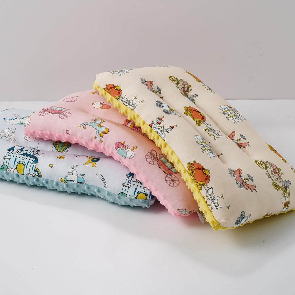 Reidio 1Pcs Toddler Pillow Double Sided Breathable Soft Cotton & Minky Dot Fabric Kids Pillow Cute Small Pillow Machine Washable (Pink Carriage)