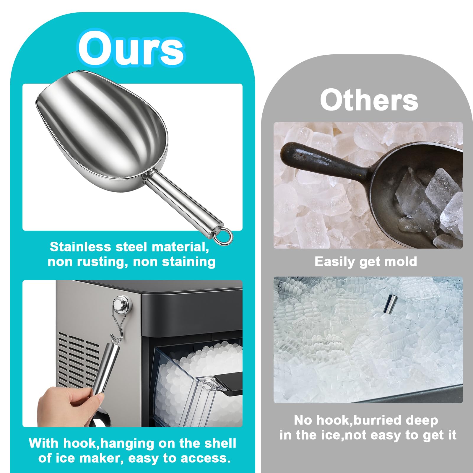 Stainless Steel Ice Scoop for Freezer with Magnetic Hook - Ice Scoop for GE Profile Opal 2.0 Nugget Ice Maker, for Kitchen Bar Party Accessories (3OZ-Silver)