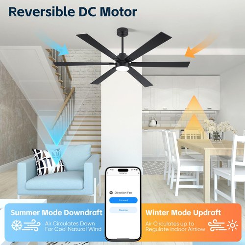 66 Inch Smart Ceiling Fan with Light, Modern Black Industrial Home Lighting & Ceiling fans with App/Voice/Remote Control, Damp-rated Large Airflow DC Outdoor Ceiling Fans for Patios Porch Outside