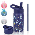 FAHRMOSIS 14 OZ Kids Water Bottle with Straw & 2 Lids (Flip & Spout) Leak Proof Metal Insulated Stainless Steel Reusable Tumbler for School & Sports Water Bottle - Purple (Halloween)