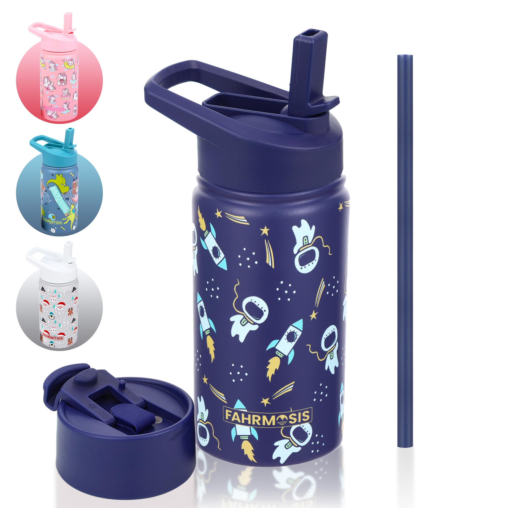 FAHRMOSIS 14 OZ Kids Water Bottle with Straw & 2 Lids (Flip & Spout) Leak Proof Metal Insulated Stainless Steel Reusable Tumbler for School & Sports Water Bottle - Purple (Halloween)