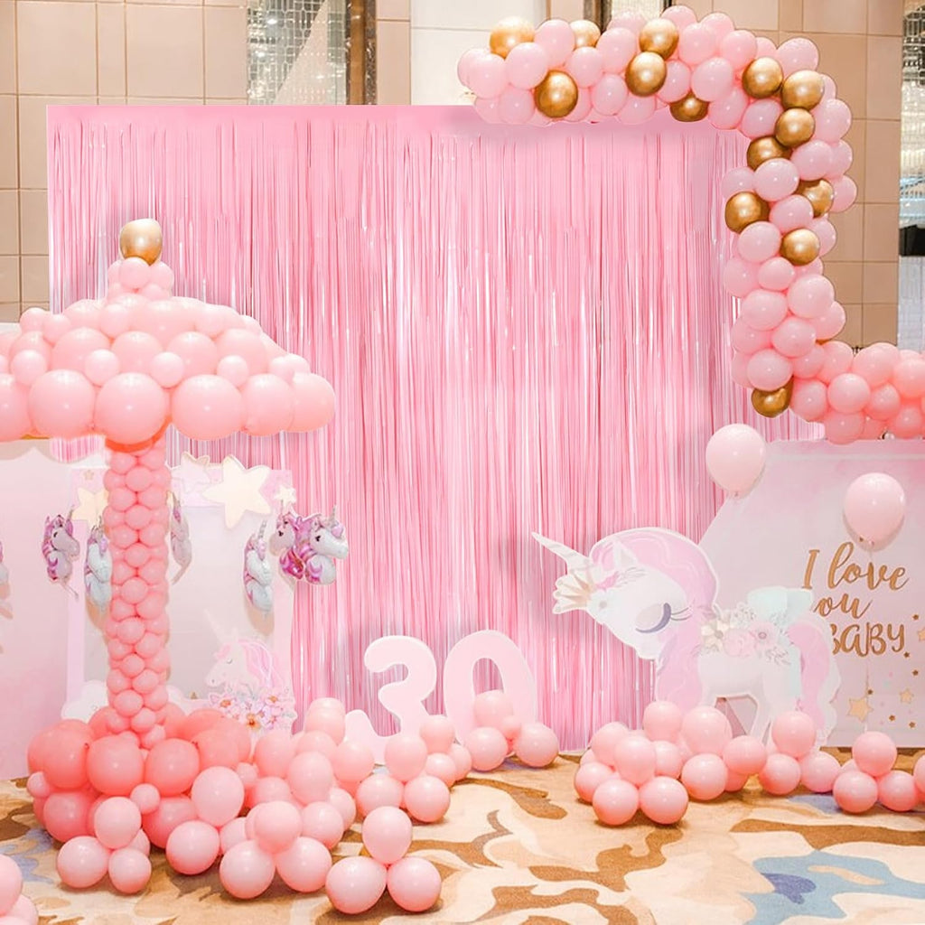 Skiennix Pastel Pink Metallic Tinsel Foil Fringe Curtains - 2 Pack 3.3x8.3 Feet Backdrop for Events