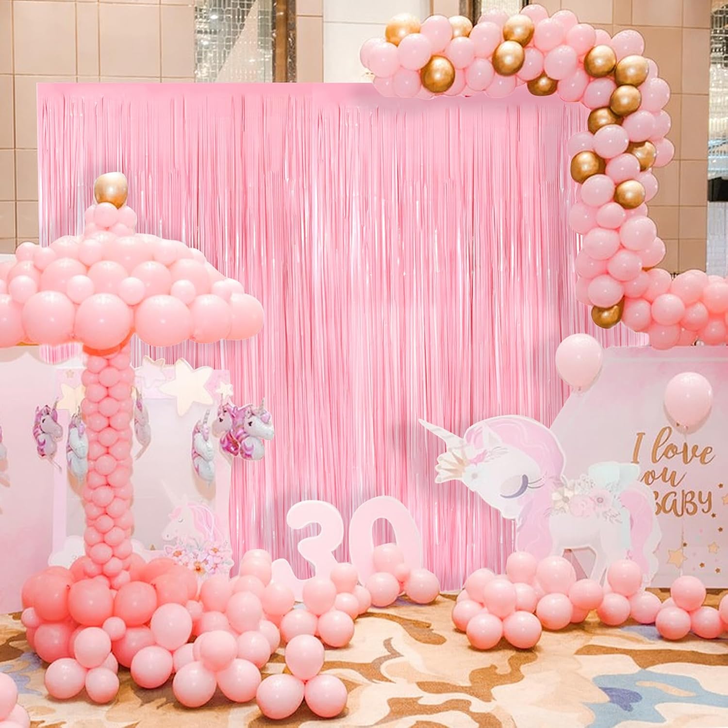 Skiennix Pastel Pink Metallic Tinsel Foil Fringe Curtains - 2 Pack 3.3x8.3 Feet Backdrop for Events