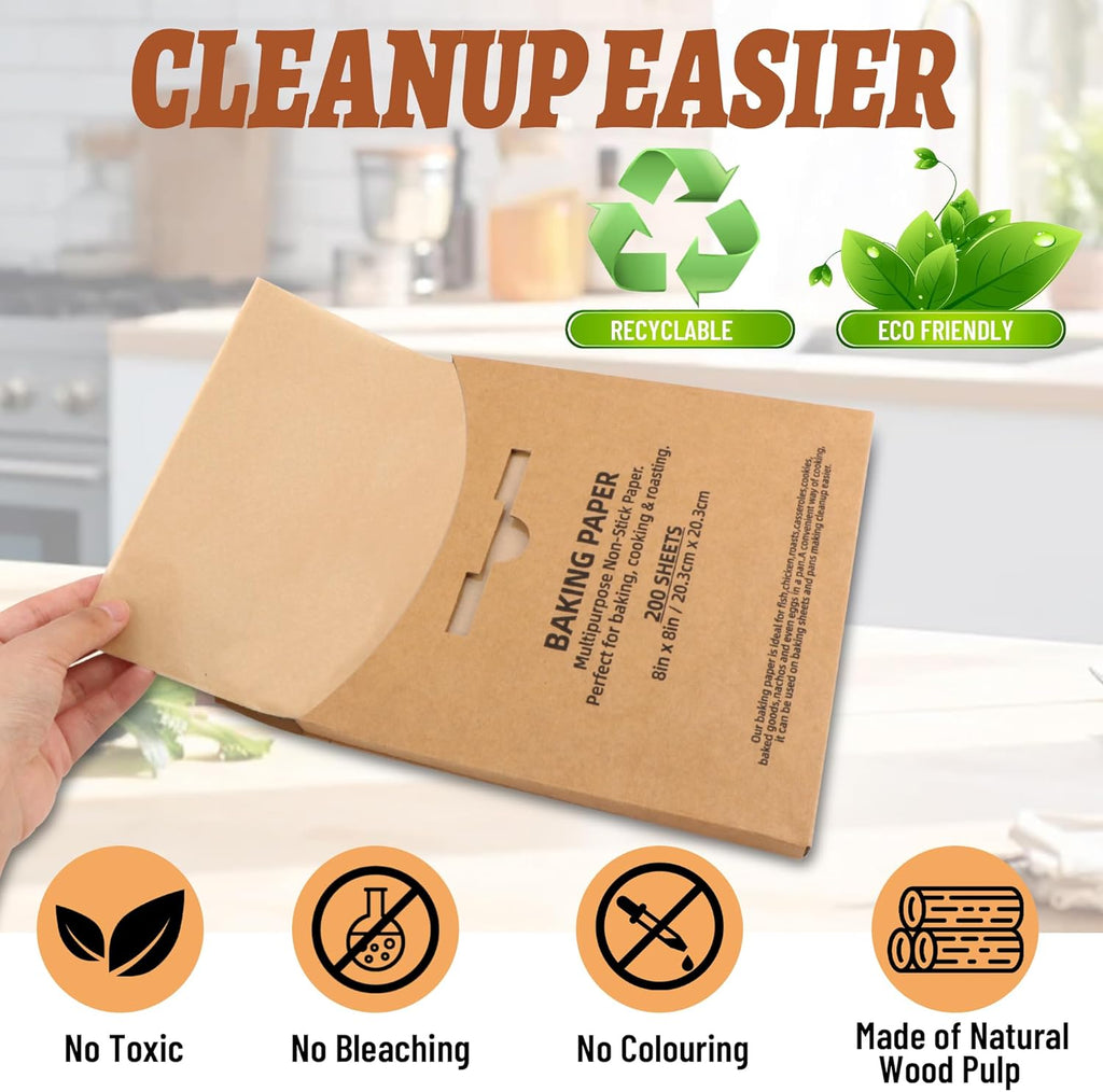 Skiennix Parchment Paper Sheets - 200 Pcs Unbleached Non-Stick Baking Liners | 8x8 Inch Natural Brown