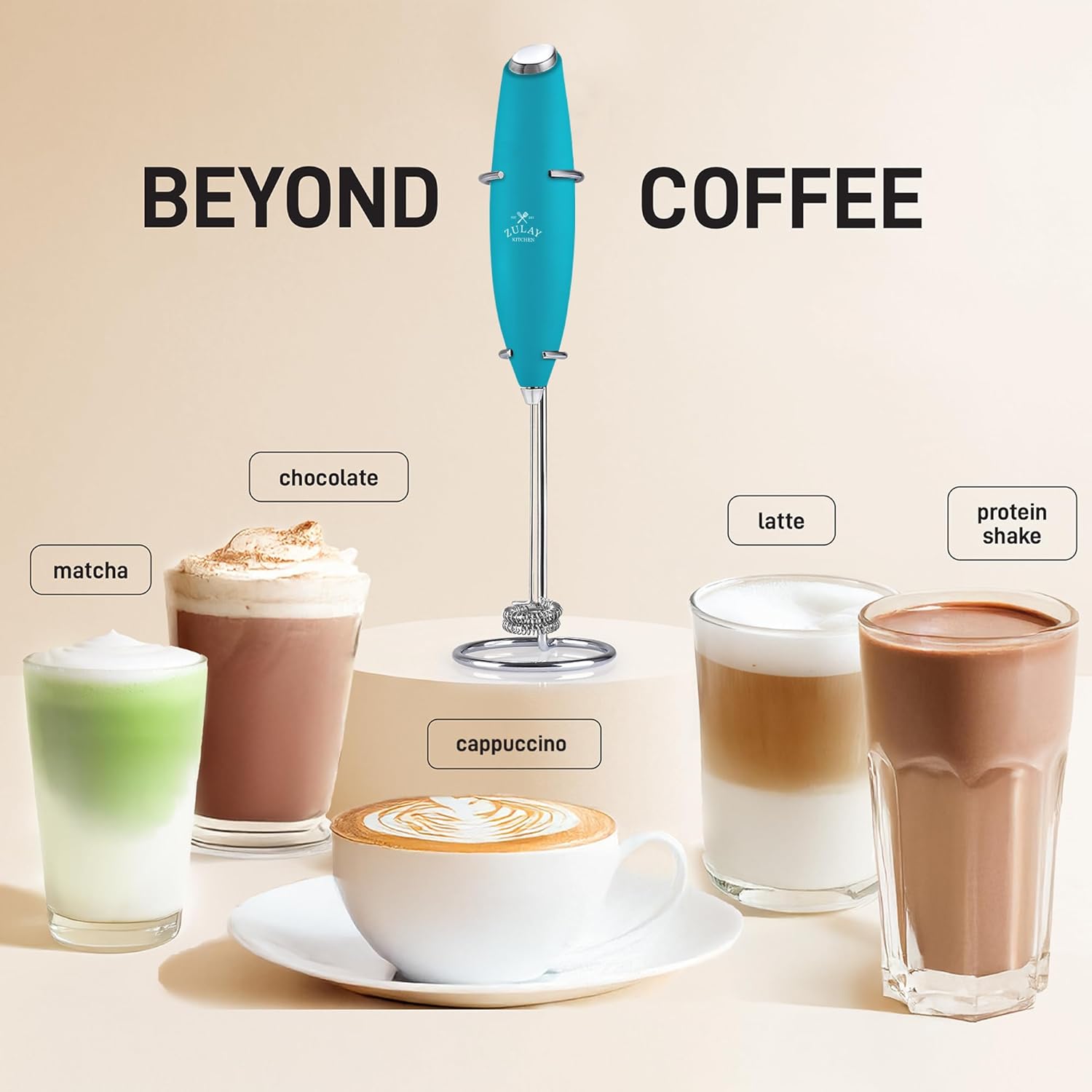 Zulay Double Whisk Milk Frother Handheld Mixer - High Powered Frother For Coffee With Improved Motor - Electric Whisk Drink Mixer For Cappuccino, Frappe, Matcha & More, Twin Whisk - Teal