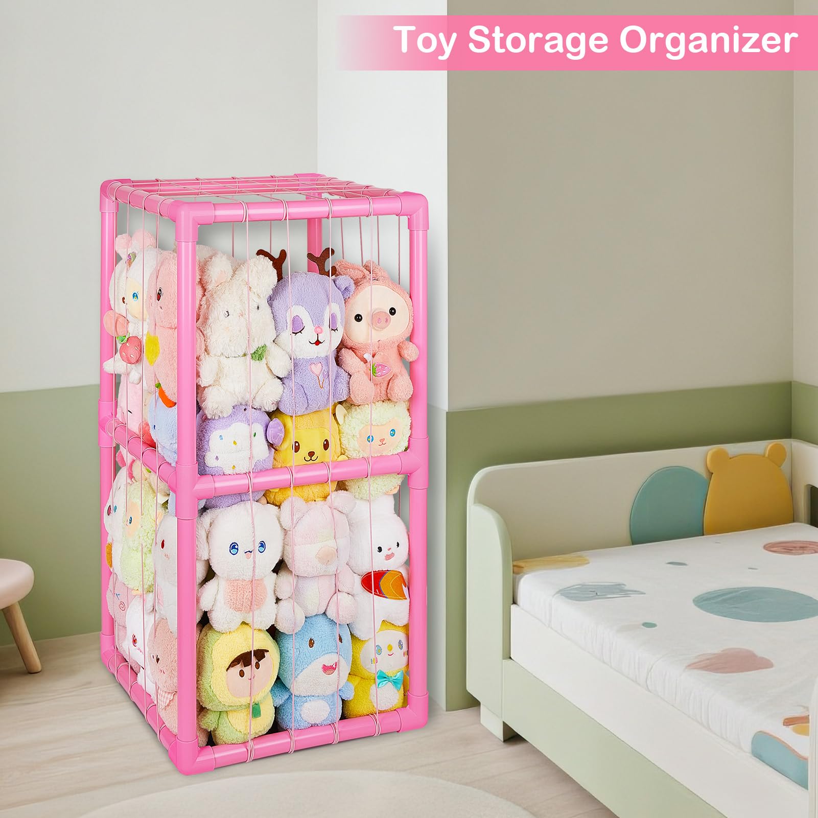 Unicorn Castle Stuffed Animals Storage Organizer with Thicken PVC Tubes Elastic Band Space Save Vertical Plushies Storage Stuffed Animals Zoo Cage for Kids,Pink