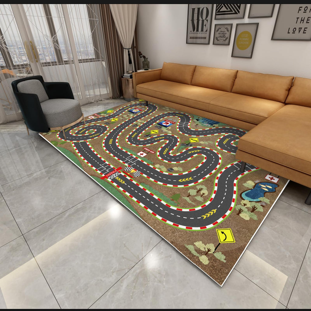 Kids Rug Car Rugs for Kids Toy Cars Play Mat City Life Road Rug for Cars Fun City Map for Carpet for Bedroom Boys (Sand Track, 31 * 47 inches)