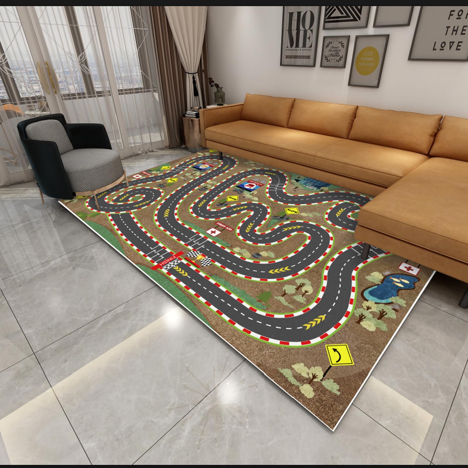 Kids Rug Car Rugs for Kids Toy Cars Play Mat City Life Road Rug for Cars Fun City Map for Carpet for Bedroom Boys (Sand Track, 31 * 47 inches)