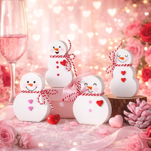 DoubleFill 4 Pcs Valentine's Day Snowman Figurine Tabletop Set Wooden Snowman Sign Tables Centerpieces Decor Heart Cute Table Decoration for Valentines Gift Wedding Party Decoration