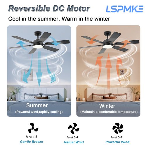 lspmke Ceiling Fan with Light and Remote, 52 Inch Ceiling Fans with Lights, Downrod Mount, Reversible DC Motor, 3CCT, Dimmable, Quiet, Black Ceiling Fan for Bedroom, Livingroom Indoor/Outdoor Use