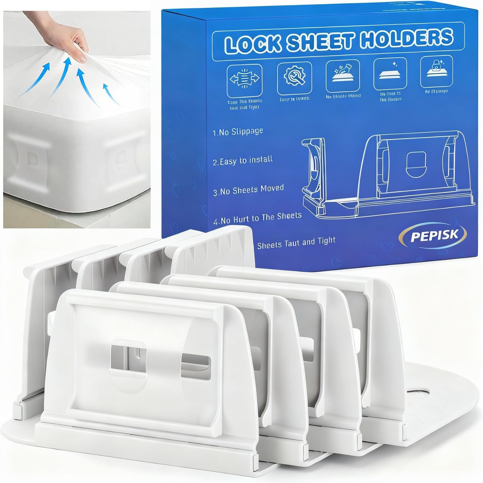 Upgrade Bed Sheet Holders for Corners: 4Pcs Fitted Lock Sheet Holders Keep Sheets Firm & Tight, Heavy Duty Bed Sheet Clips, with Clip Easy to Install for All Mattress Sizes - No More Loose Sheets