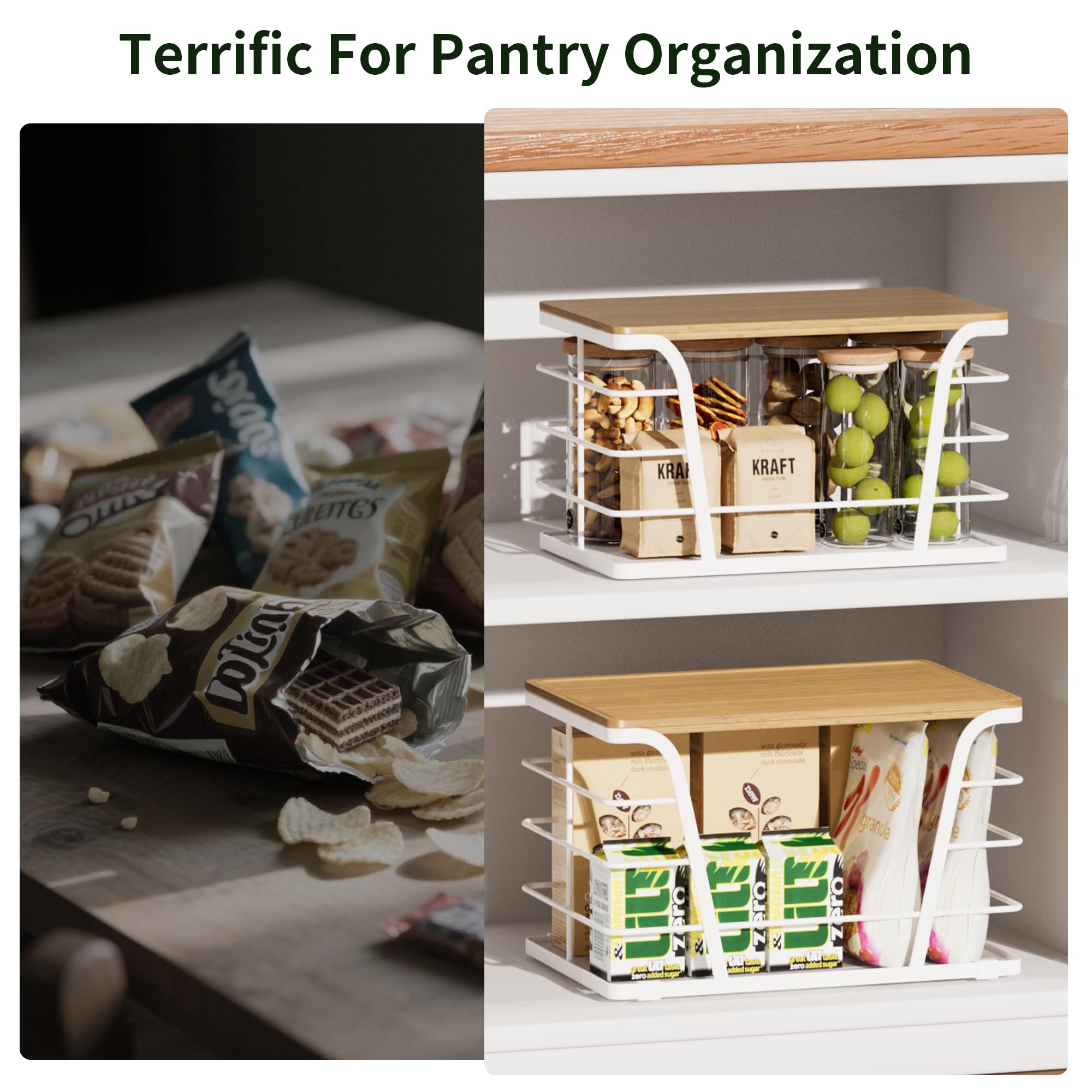 TIDIIABODE 2 Pack Kitchen Organization for Onions,Potatoes - Fruit Basket for Kitchen Counter & Storage Basket,Stackable Storage Bins with Bamboo Top & Lightweight PP Mat,White