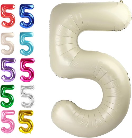 Large Number 5 Birthday Balloon by Cream White - Foil Mylar for 5th, 15th, 25th Celebrations | Perfect for Kids & Adults