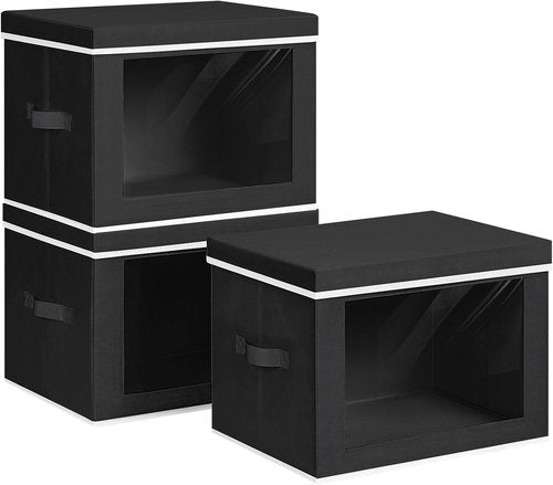 Homsorout Storage Bins - 3 Pack Large Fabric Boxes with Lids & Handles for Organizing Clothes | Black