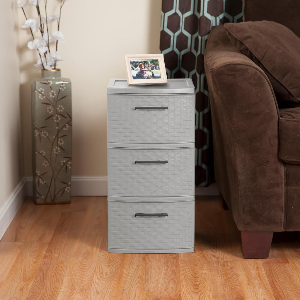 Sterilite 3 Drawer Storage Tower - Medium Plastic Weave Organizer in Cement | Lightweight for Bedrooms & Closets