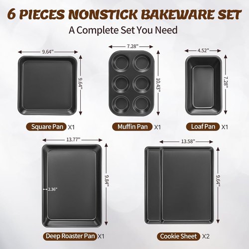 AIVIKI Nonstick Baking Pans Set - 6-Piece Bakeware Set with Cookie Sheet, Roaster, Muffin & More