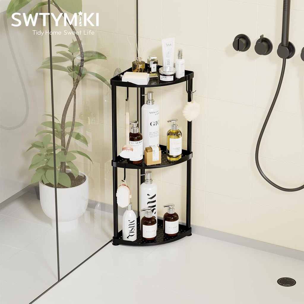 SWTYMIKI Corner Shower Caddy - 3-Tier Stainless Steel Organizer Stand with Hooks | Rustproof Bathroom Storage, Black
