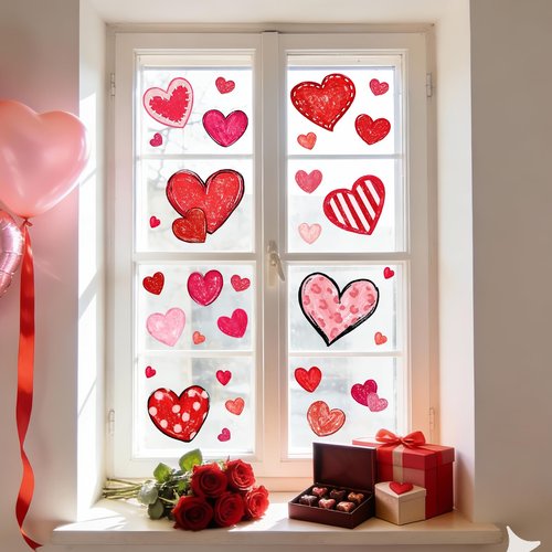 Valentine's Day Window Clings Decorations Heart Window Clings for Glass Windows for Valentines Day Decorations in 6 Sheets