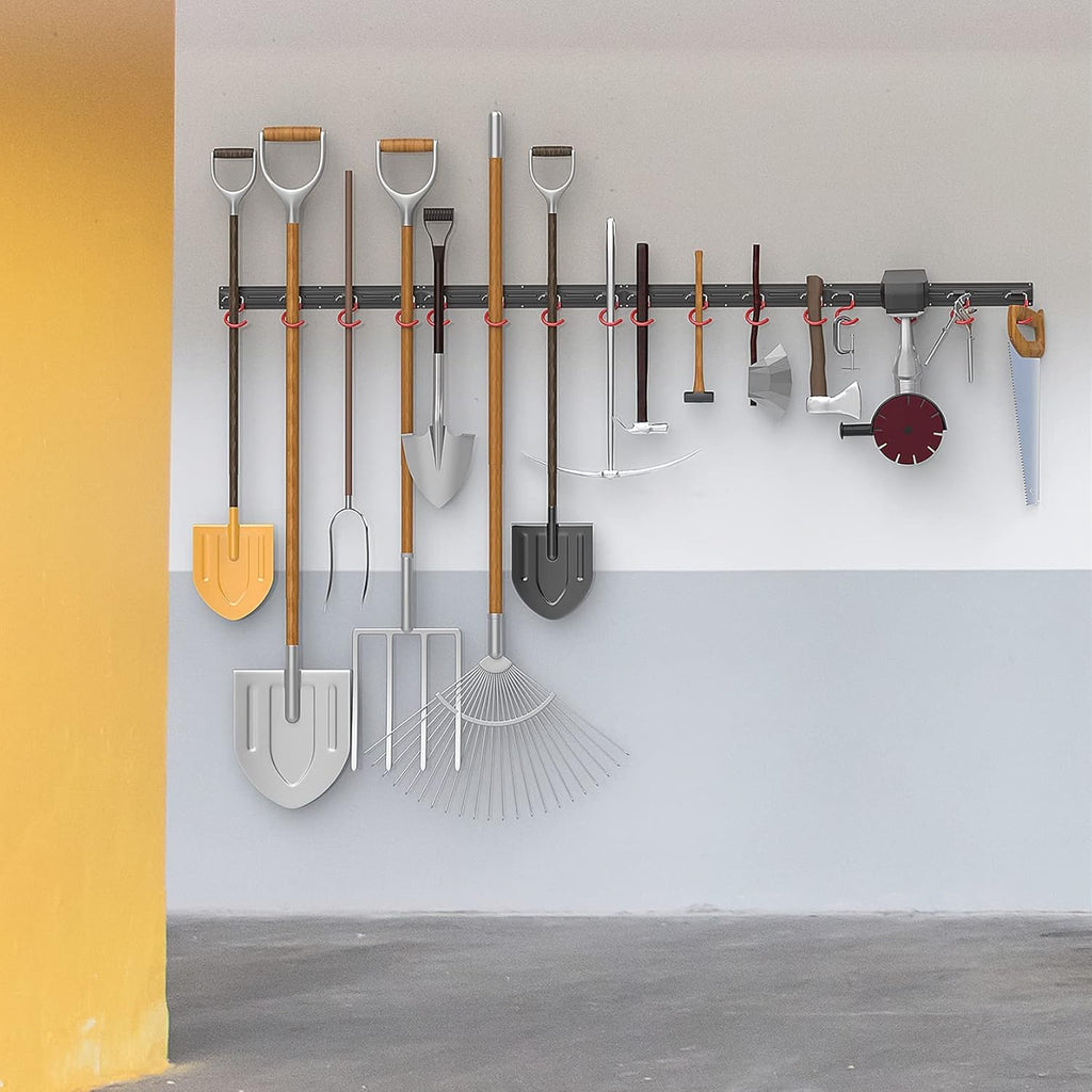 WALMANN All Metal Wall Mount Garden Tool Organizer - 64 Inch Storage Rack with 4 Rails & 16 Hooks