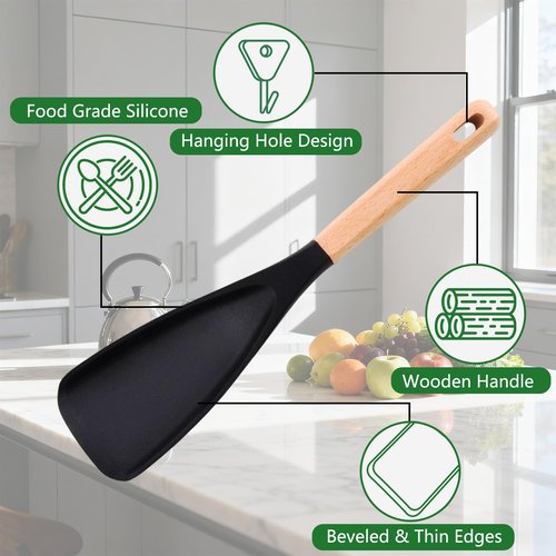 Silicone Spatula Spoon, Cedar and Ash Spoonula, Multifunction Spatula Cooking Spoon for Nonstick Cookwares with Lengthed Wooden Handle, for Mixing, Scoop, and Scrape (2 Black)