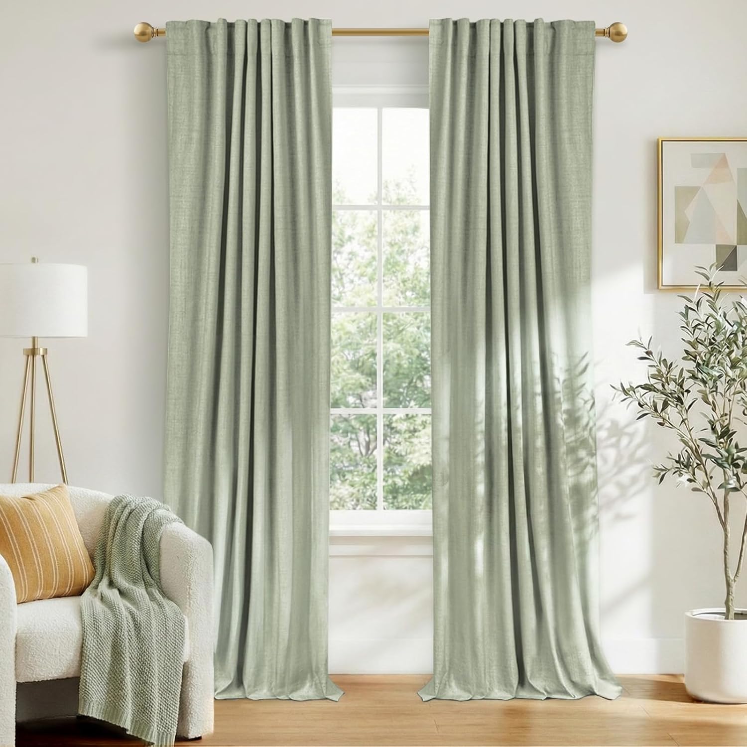 Skiennix 100% Blackout Linen Curtains - Thermal Insulated Drapes for Bedroom | 50" W x 96" L, Sage Green