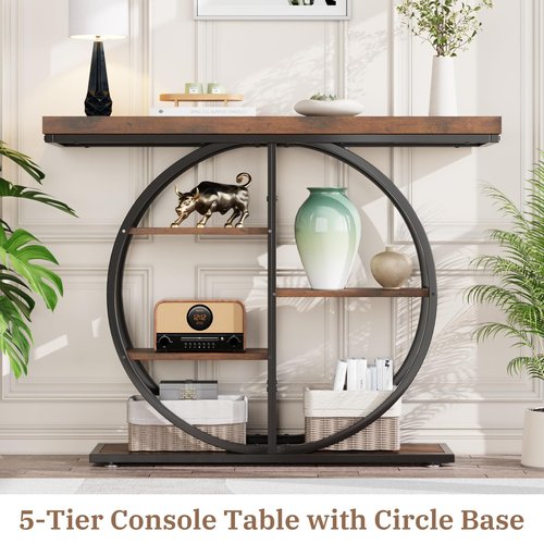 LIFECHOVY 41.3" Console Table for Entryway, Industrial Hallway Sofa Table with Storage Shelves, Narrow Accent Decor Living Room Furniture with Circle Base for Foyer, Entrance, Rustic Brown