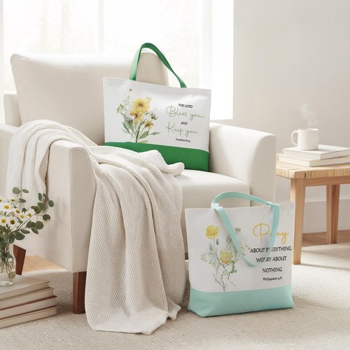 Shinylin 10 Pcs Christian Gift Inspirational Bible Verse Tote Bags Religious Gift Flowers Reusable Grocery Christmas(Single Floral)