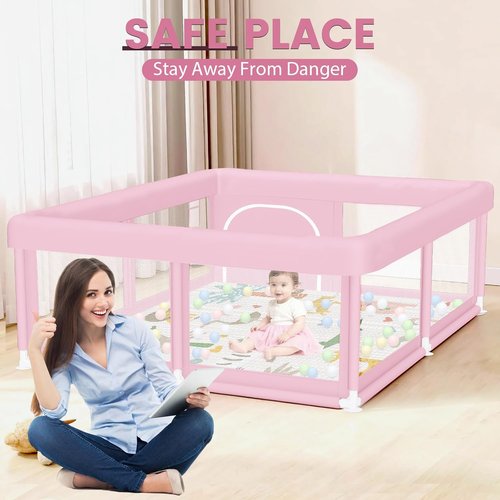 Hiaksedt Large Baby Playpen - Safe & Soft 50"x50" Play Pen for Babies & Toddlers in Pink