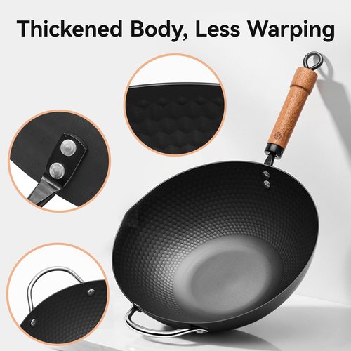 WANGYUANJI Flat Bottom Wok Pan, 12.6 Inch Carbon Steel Stir Fry Pan with Lid, Uncoated Heavy Duty Iron Woks for Cooking, Compatible with Induction Gas Electric Stovetops, Deep Frying Skillet Cookware