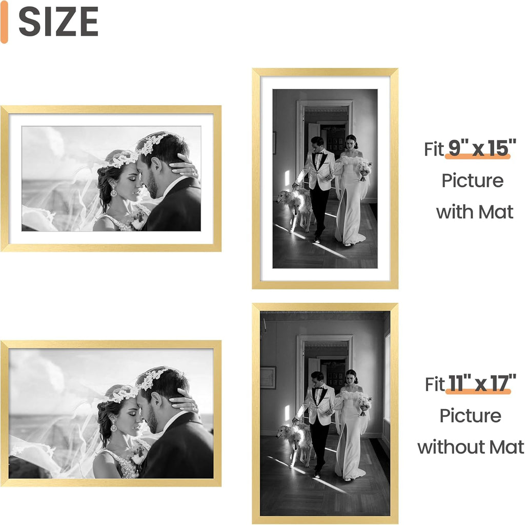 Upsimples 11x17 Picture Frame Set of 5 - Display 9x15 with Mat or 11x17 Without | Elegant Gold Design
