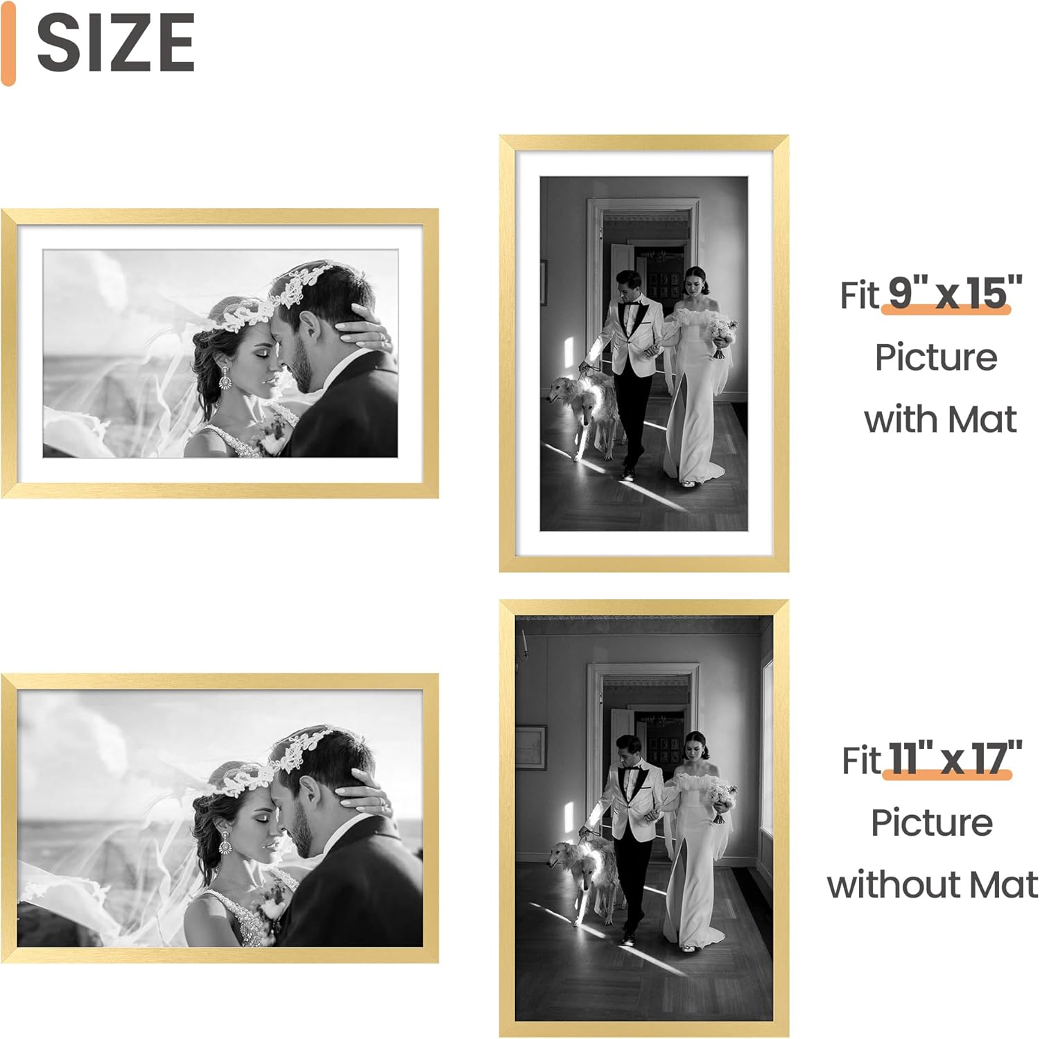 Upsimples 11x17 Picture Frame Set of 5 - Display 9x15 with Mat or 11x17 Without | Elegant Gold Design