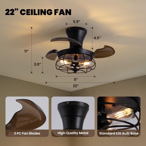 CROSSIO 22" Retractable Ceiling Fans with Lights, Black Caged Fandelier Ceiling Fans with Remote, 6 Wind Speeds,Invisible Blades, Industrial Flush Mount Small Ceiling Fan for Bedroom Living Room