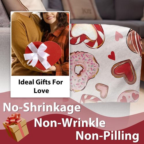 Zzkol Valentines Day Dessert Flannel Throw Blanket, Pink Love Heart Cupcake Donut Anniversary Wedding Birthday Gifts for Women Girlfriend Wife Lover, Romantic Soft Blankets for Bedding Sofa 50" x 60"