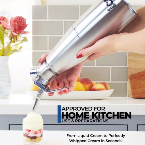ICO 1 L (1 Quart) Professional Stainless Steel Whipped Cream Dispenser for Homemade Whipping Cream, Whipped Cream Dispenser for Desserts, Dips, Sauces, and Infused Oils & Liquors
