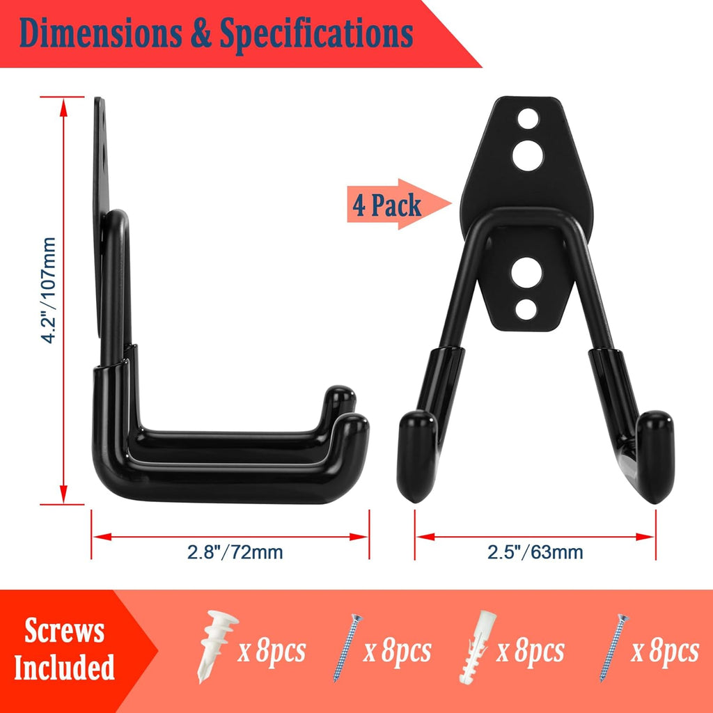 Skiennix Garage Hooks - Heavy Duty Wall Mount Tool Organizer for Ladders, Bikes & Garden Tools | 4 Pack