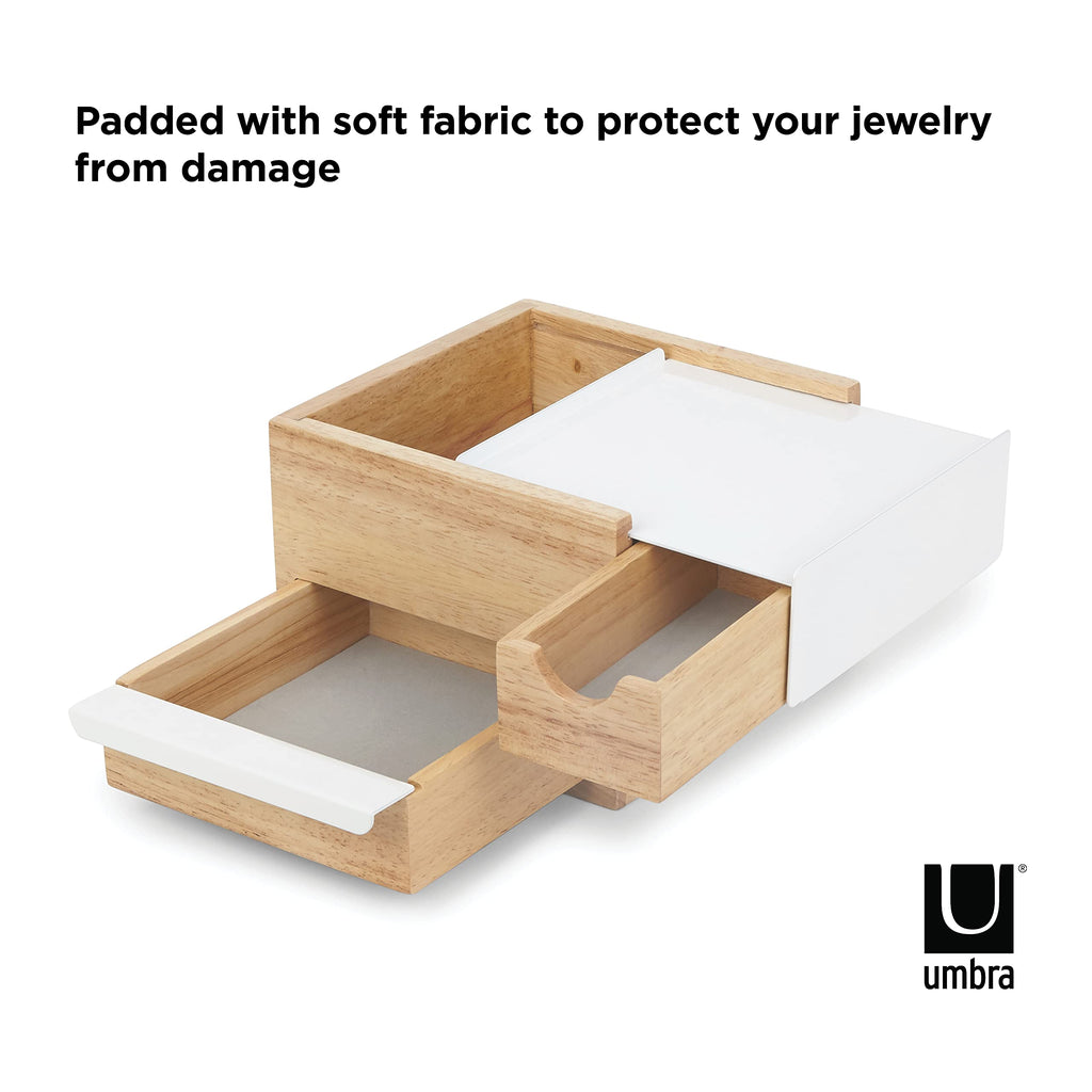 Umbra Mini Stowit Jewelry Box - Modern Keepsake Storage Organizer with Hidden Compartment Drawers for Ring, Bracelet, Watch, Necklace, Earrings, and Accessories (White/Natural)