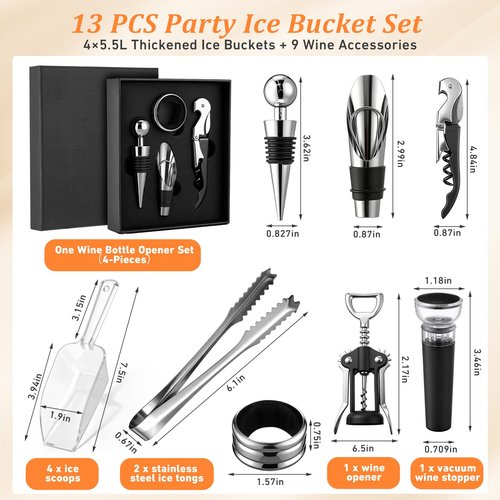 Yiyiring 4 Pcs Ice Buckets for Parties Large 5.5l Clear Beverage Tubs with Scoops, Tongs, Wine Opener, Vacuum Wine Stoppers and Bar Accessories Mimosa Bar Supplies for Champagne Beer Beverage Drinks