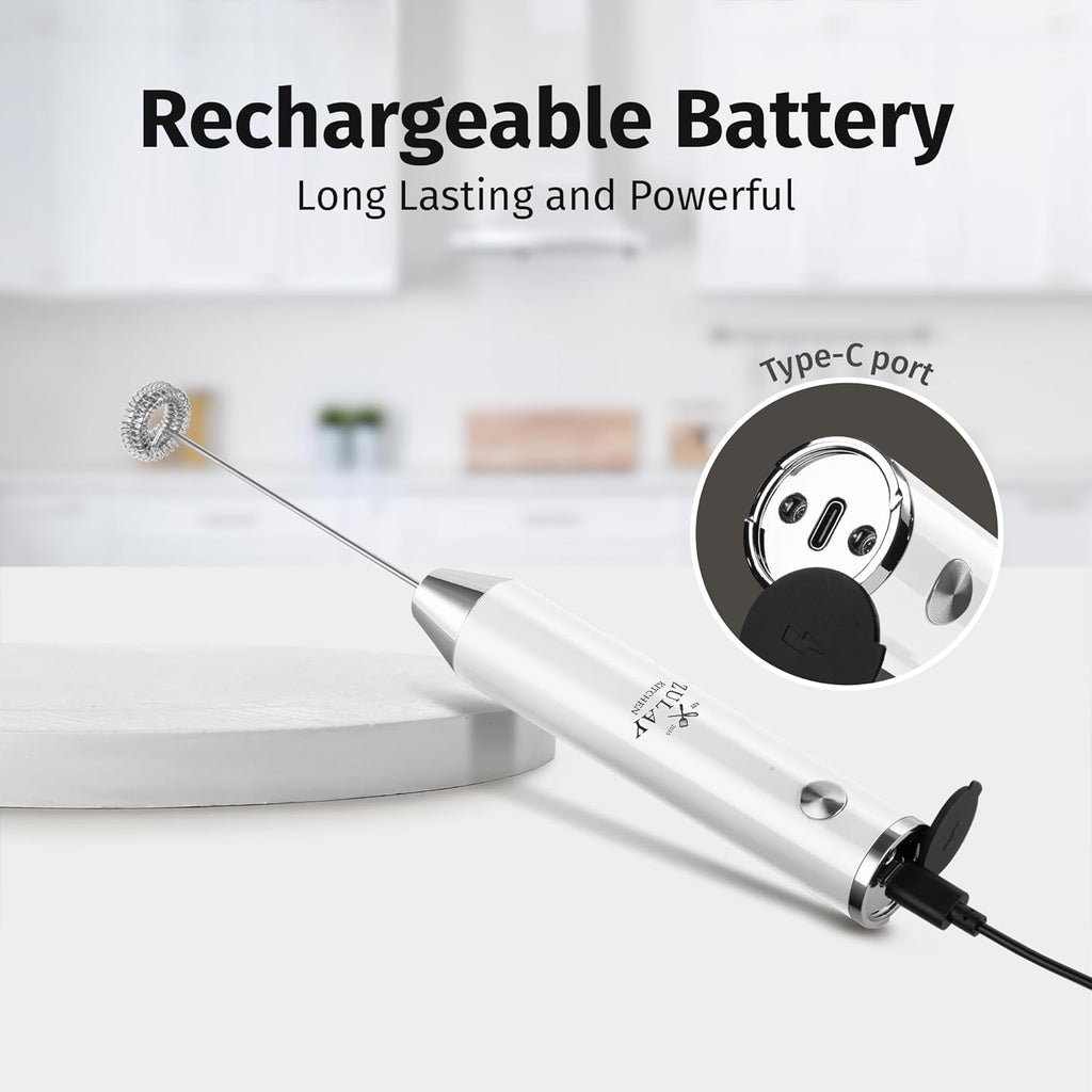 Zulay Kitchen Rechargeable Milk Frother Handheld Lux - Powerful 2-Speed Motor, Waterproof, 2000mAh Battery - Drink Mixer for Latte, Cappuccino, Matcha & Protein Powder - Snow White