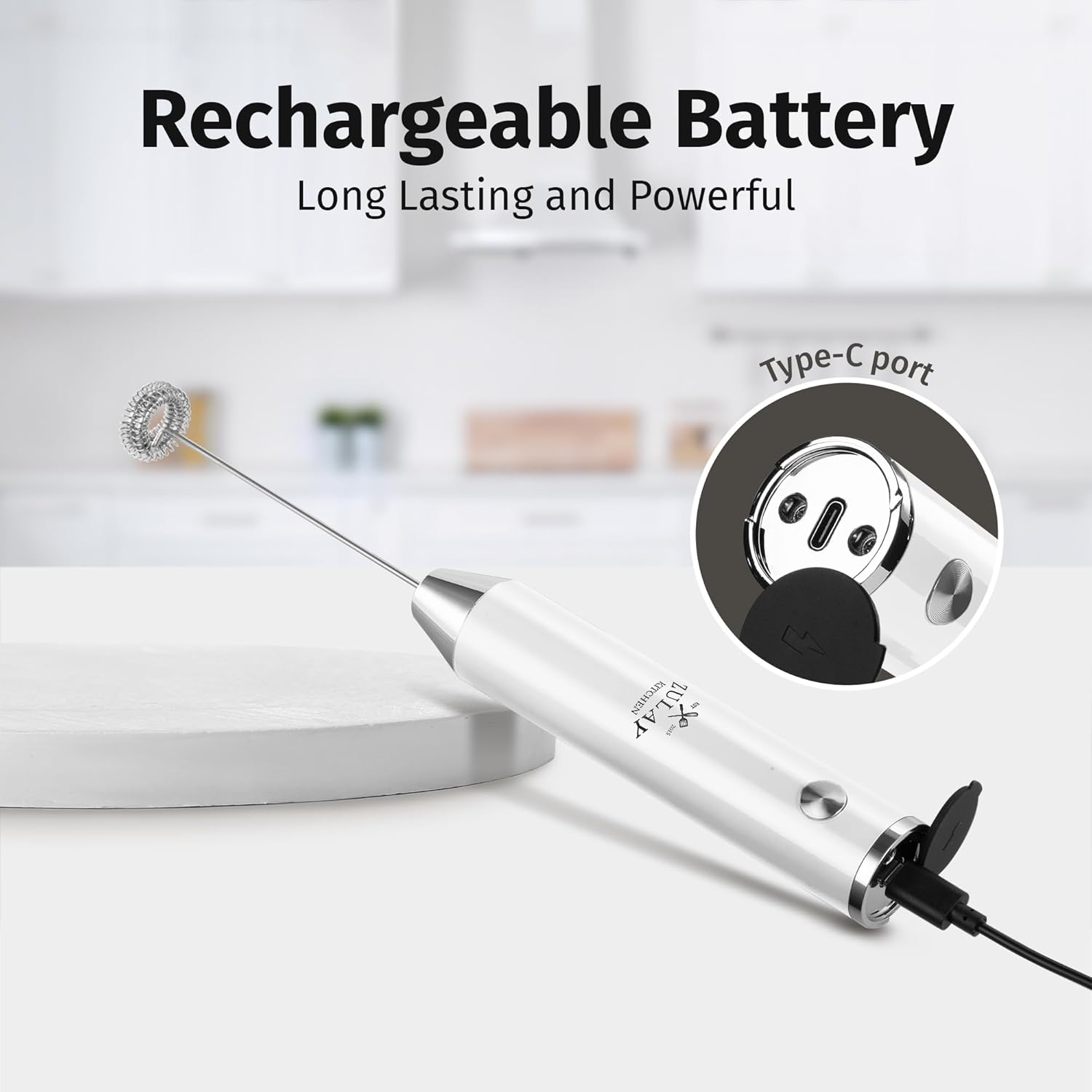 Zulay Kitchen Rechargeable Milk Frother Handheld Lux - Powerful 2-Speed Motor, Waterproof, 2000mAh Battery - Drink Mixer for Latte, Cappuccino, Matcha & Protein Powder - Snow White