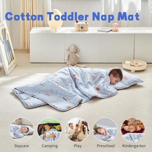 DuShow Cotton Toddler Nap Mat for Boys,Roll Up Slumber Bags Cars Pattern,Toddler Nap Mat with Removable Pillow and Blanket, Kids Sleeping Mat for Daycare,Preschool and Kindergarten-Blue
