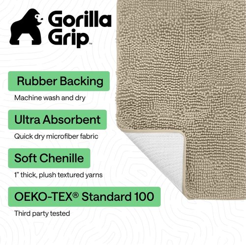 GORILLA GRIP Bath Rug Mat - Thick Soft Absorbent Chenille | Quick Dry Microfiber, 24x17, Sand Color