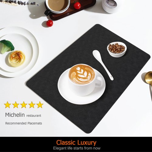 Uolr Vinyl Placemats Set of 8 Faux Leather 100% Waterproof Wipeable Washable Place Mats Heat Resistant Easy Clean Non-Slip Table Mats for Indoor Outdoor. (8,Black)