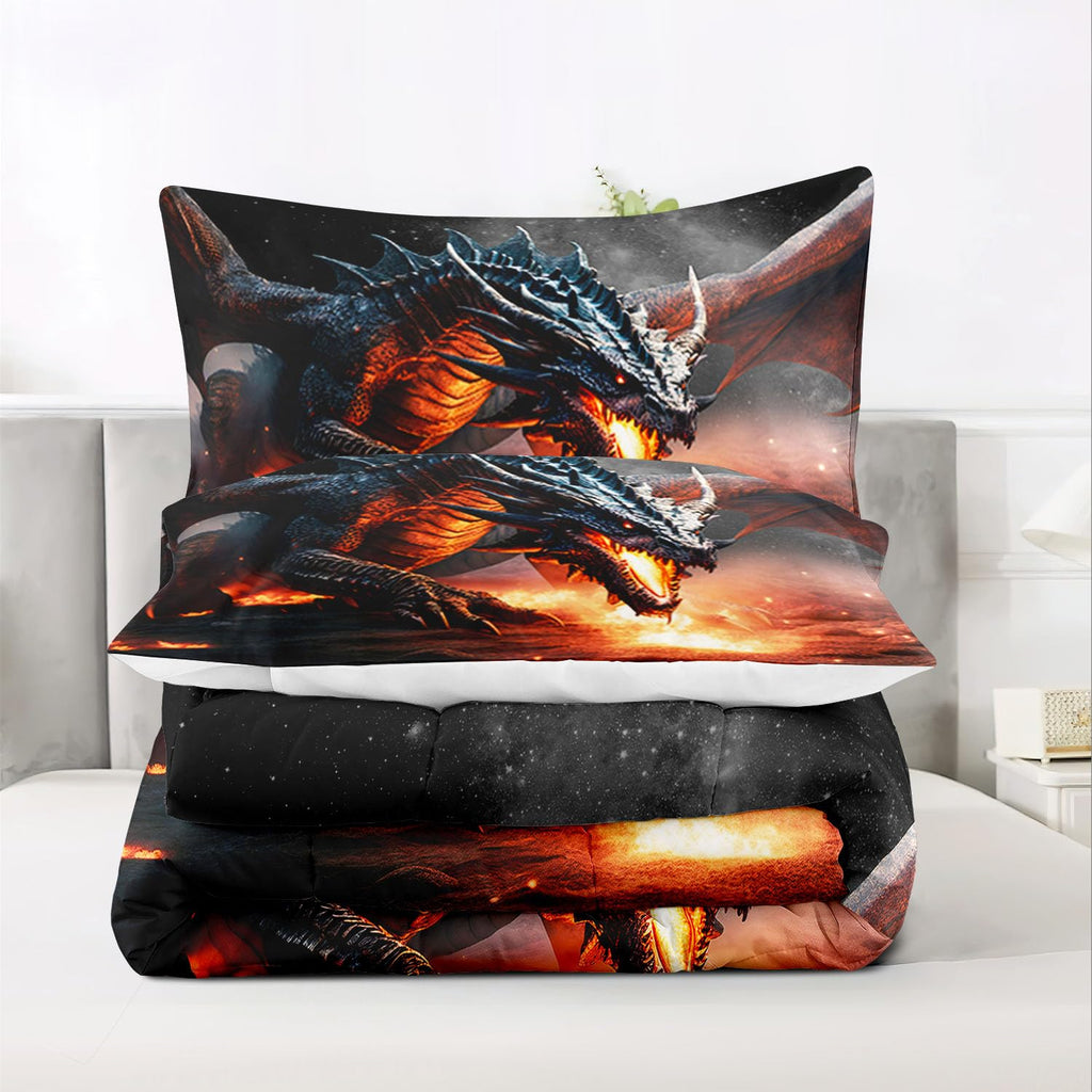 Raphus cucullatus 3D Dragon Cartoon Queen Bedding Sets for Boys,Dragon Comforter Set Queen Size,Dragon Bedding Set Queen,Boys Bedding Sets Queen,Ancient Wild Animal Dragon Pattern Bedding Set